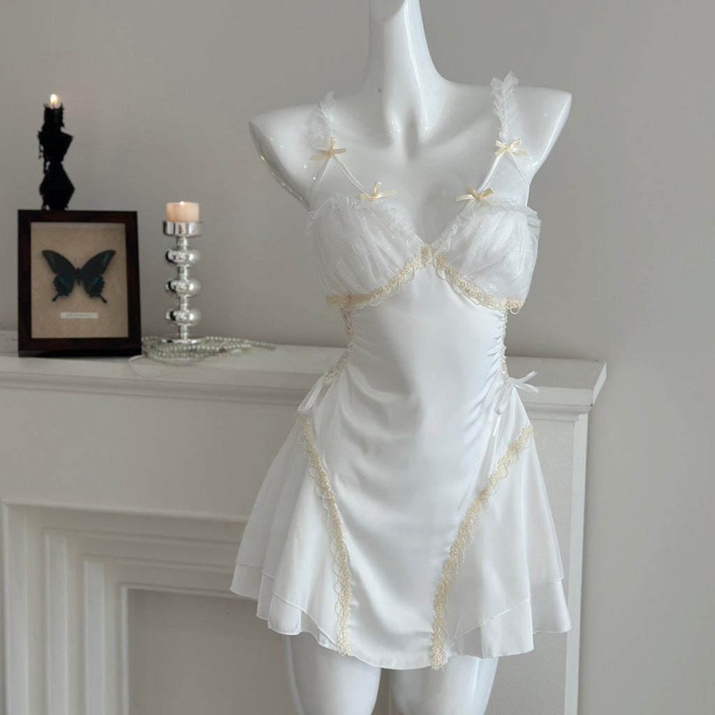 Women's Sexy Backless Mesh Lace Nightgown and Robe Set with Chest Pads teemdrop
