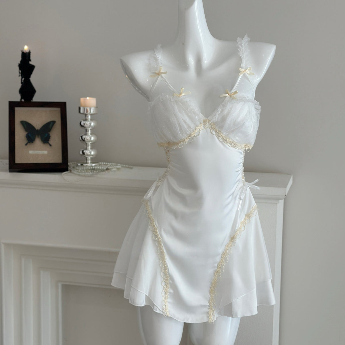 Women's Sexy Backless Mesh Lace Nightgown and Robe Set with Chest Pads teemdrop