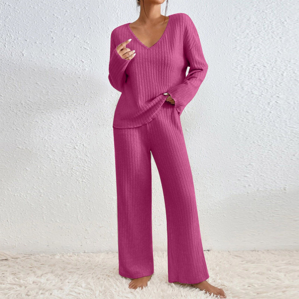 Women V-Neck Loose Ribbed Knit Long Sleeve Top Suit Set teemdrop
