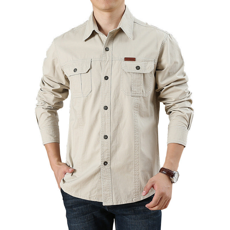 Men's Plus Size Solid Color Long Sleeve Work Shirt Loose Fit Casual Button-Down Shirt with Pocket teemdrop