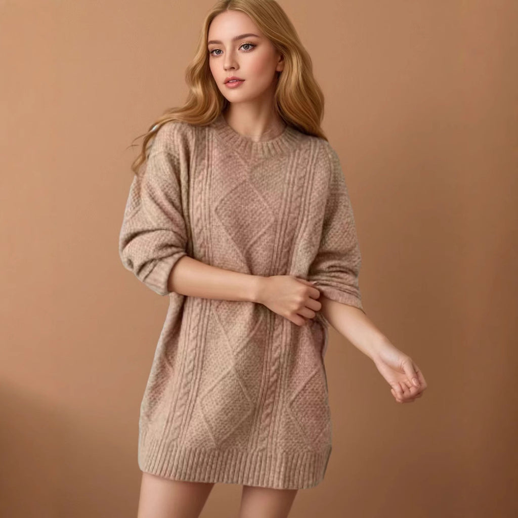 Women's Arctic Velvet Twist Pattern Mid-Length Loose Pullover Sweater teemdrop