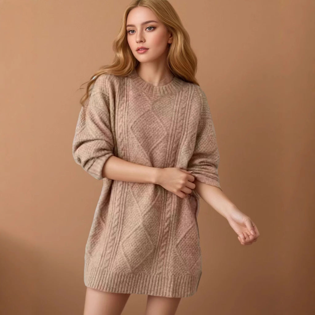 Women's Arctic Velvet Twist Pattern Mid-Length Loose Pullover Sweater teemdrop