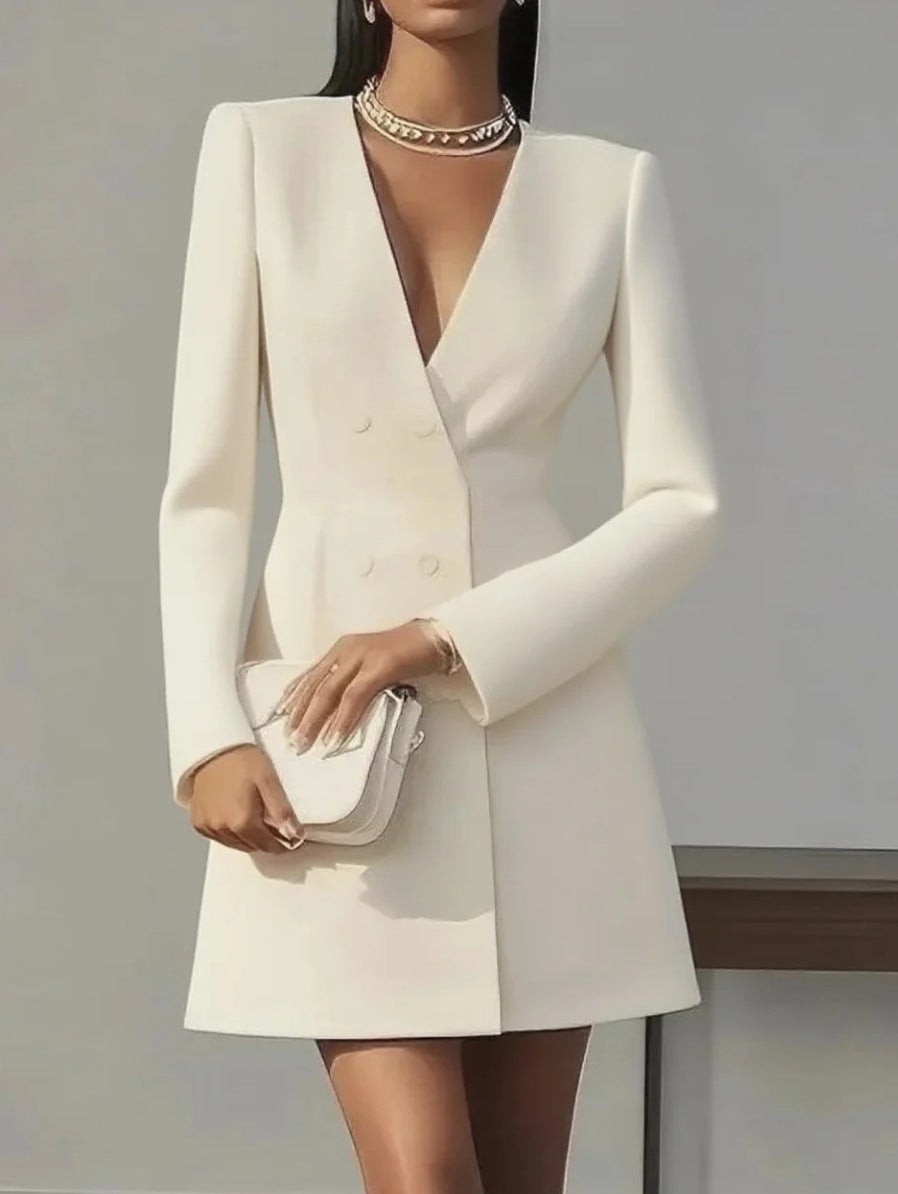 Women's Long-Sleeve Double-Breasted V-Neck Polyester Dress teemdrop