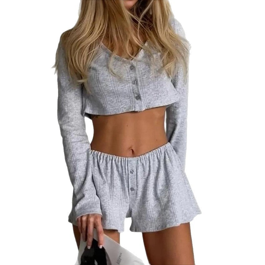Cotton Long Sleeve V-Neck Shorts Pajama Set teemdrop