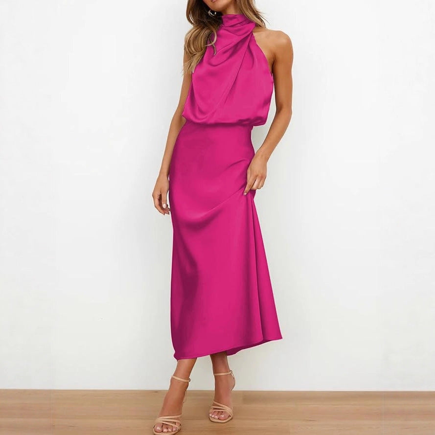 Womens High-End Satin Sleeveless Pleated Midi Dress Mock Neck Evening Gown teemdrop