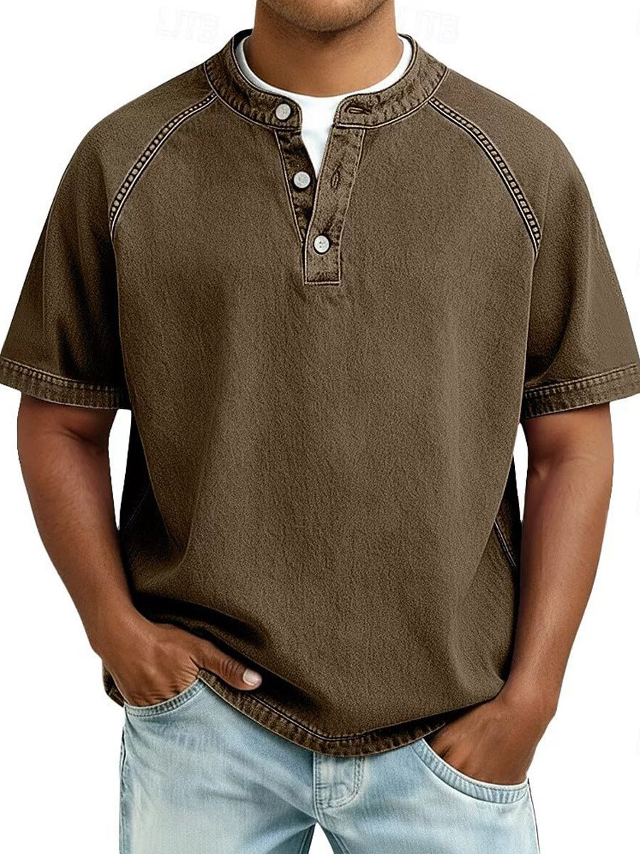 Men's Retro Casual Loose Fit Short Sleeve Button Up Polo Shirt Breathable Polyester Top teemdrop