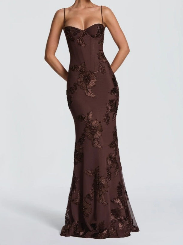 Elegant Backless Jacquard Evening Gown
