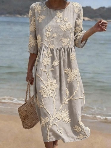 Women's floral print long-sleeved round-neck dress teemdrop
