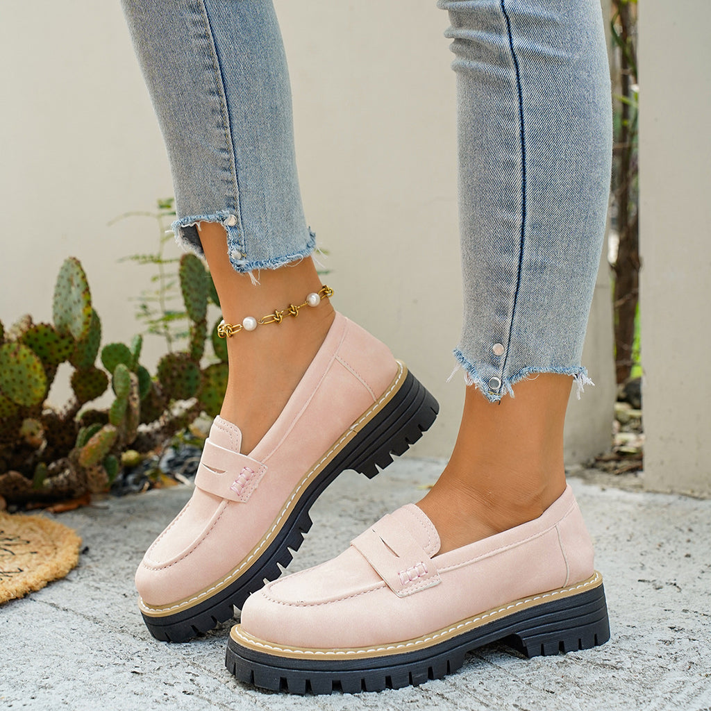 Womens Classic PU Loafers Round Toe Thick Heel Slip On Shoes teemdrop