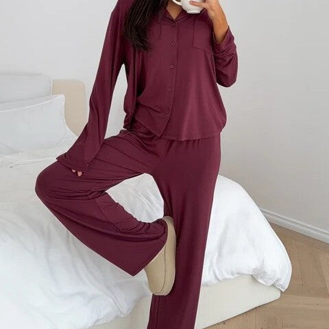 Women Modal Lapel Collar Long Sleeve Sleepwear Set teemdrop