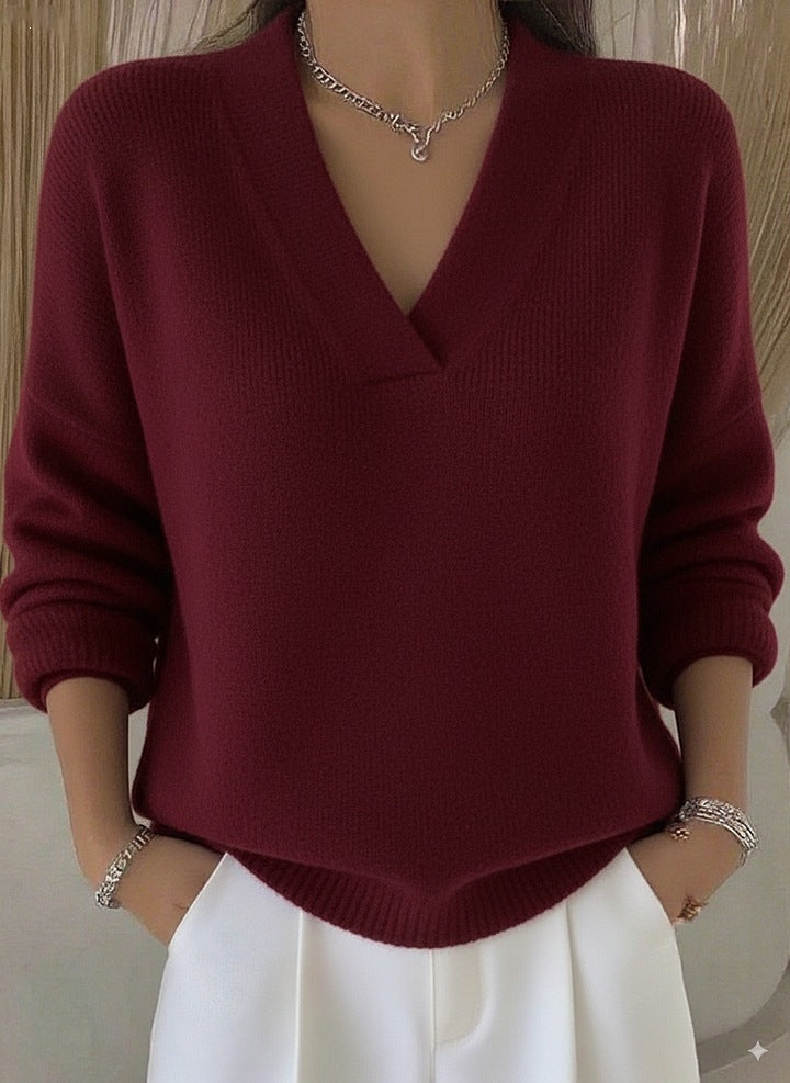 Women V-Neck Long Sleeve Loose Solid Color Knitted Pullover Sweater teemdrop