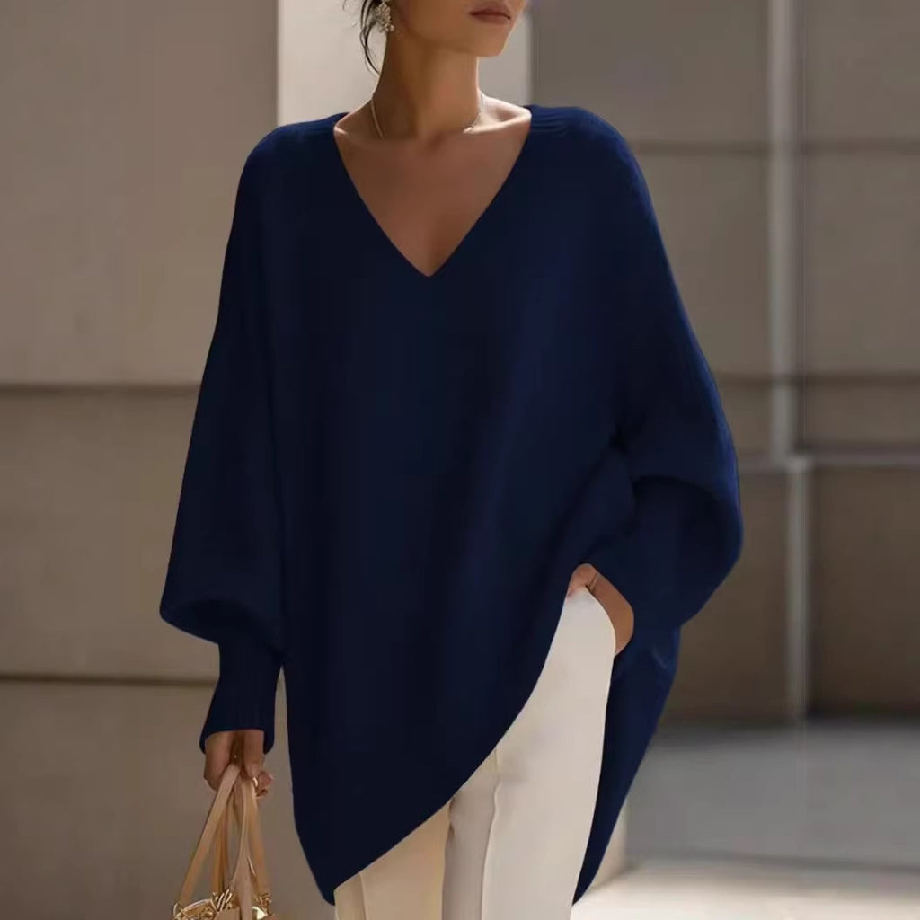 Solid-color long-sleeved V-neck relaxed style sweater for women, loose knitted top teemdrop