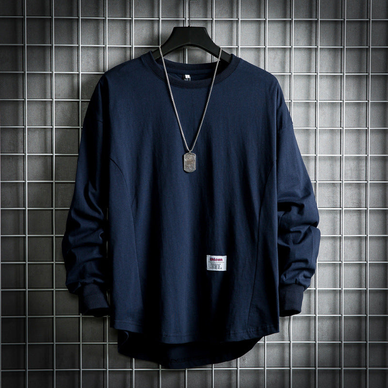 Men's Solid Long Sleeve Round Neck Loose Cotton T-Shirt