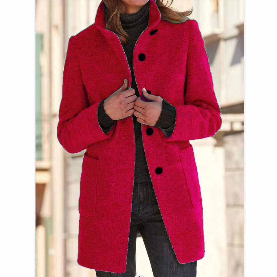 Womens Retro Solid Color Buttoned Stand Collar Coats