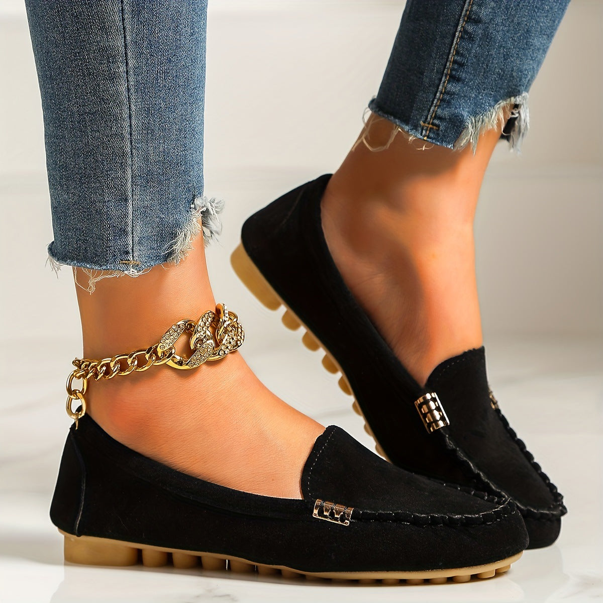 Metal snap round-toe flat women's shoes teemdrop