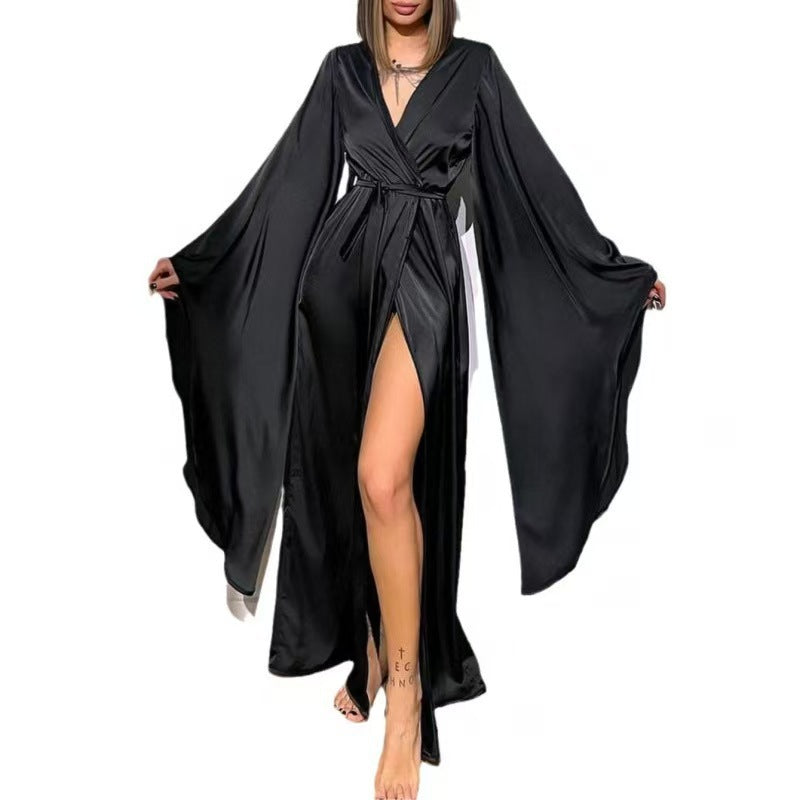 Temperament Home Clothes Women's Long Nightgown with Straps Split Robe