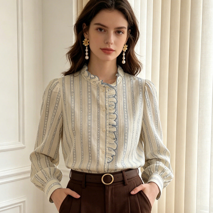Women's 100% Cotton Ruffled Stand Collar Striped Long Sleeve Blouse teemdrop