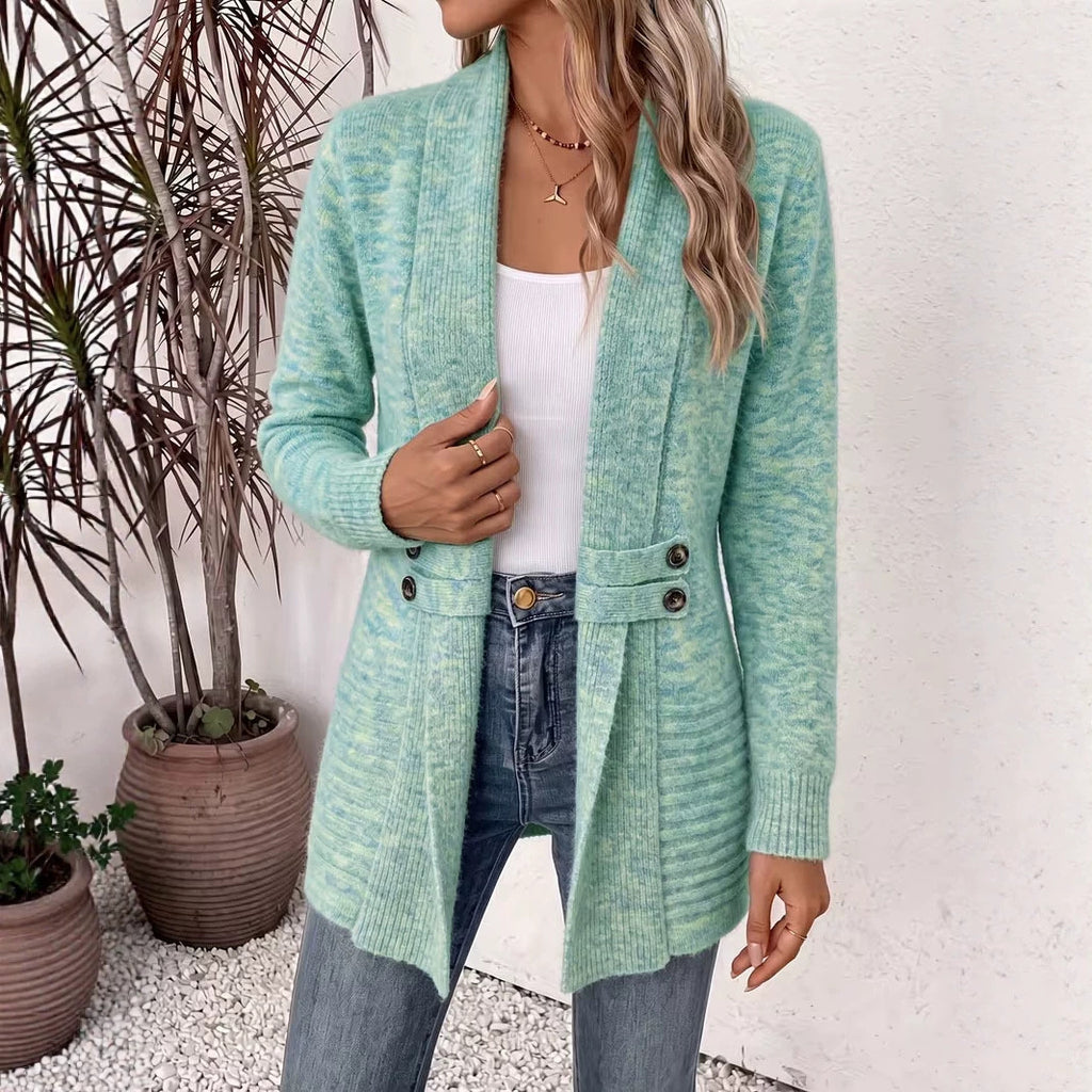 Women's Mid-Length Double-Breasted Knitted Cardigan Sweater teemdrop