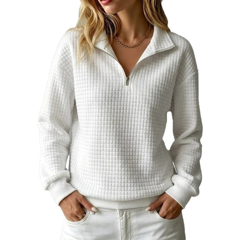 Women's Solid Color Waffle Knit Stand Collar Zipper Long Sleeve Loose Sweatshirt teemdrop