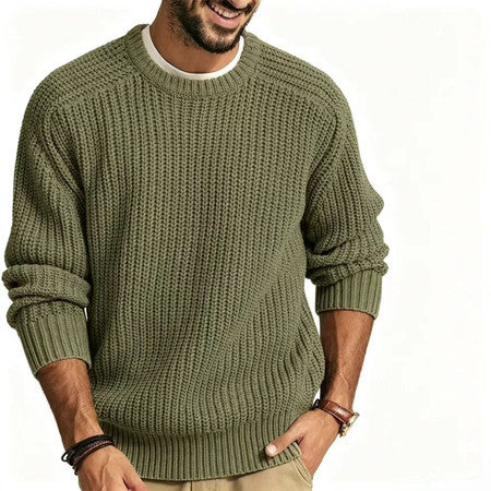Mens Chunky Knit Solid Color Round Neck Long Sleeve Pullover Sweater teemdrop