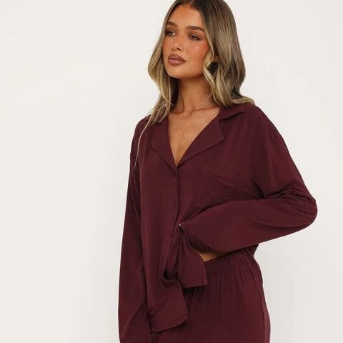 Women Modal Lapel Collar Long Sleeve Sleepwear Set teemdrop