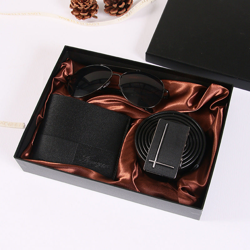 Men's Leather Wallet and Belt Gift Set with Sunglasses in a Gift Box