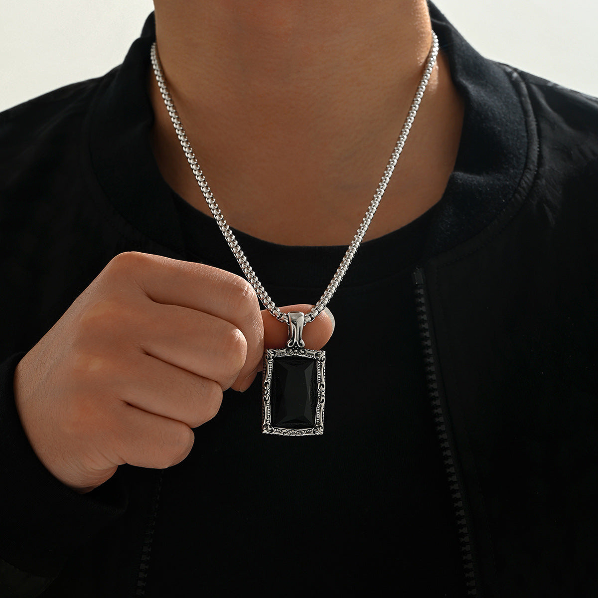 Retro Carved Black Gemstone Hip-Hop Necklace