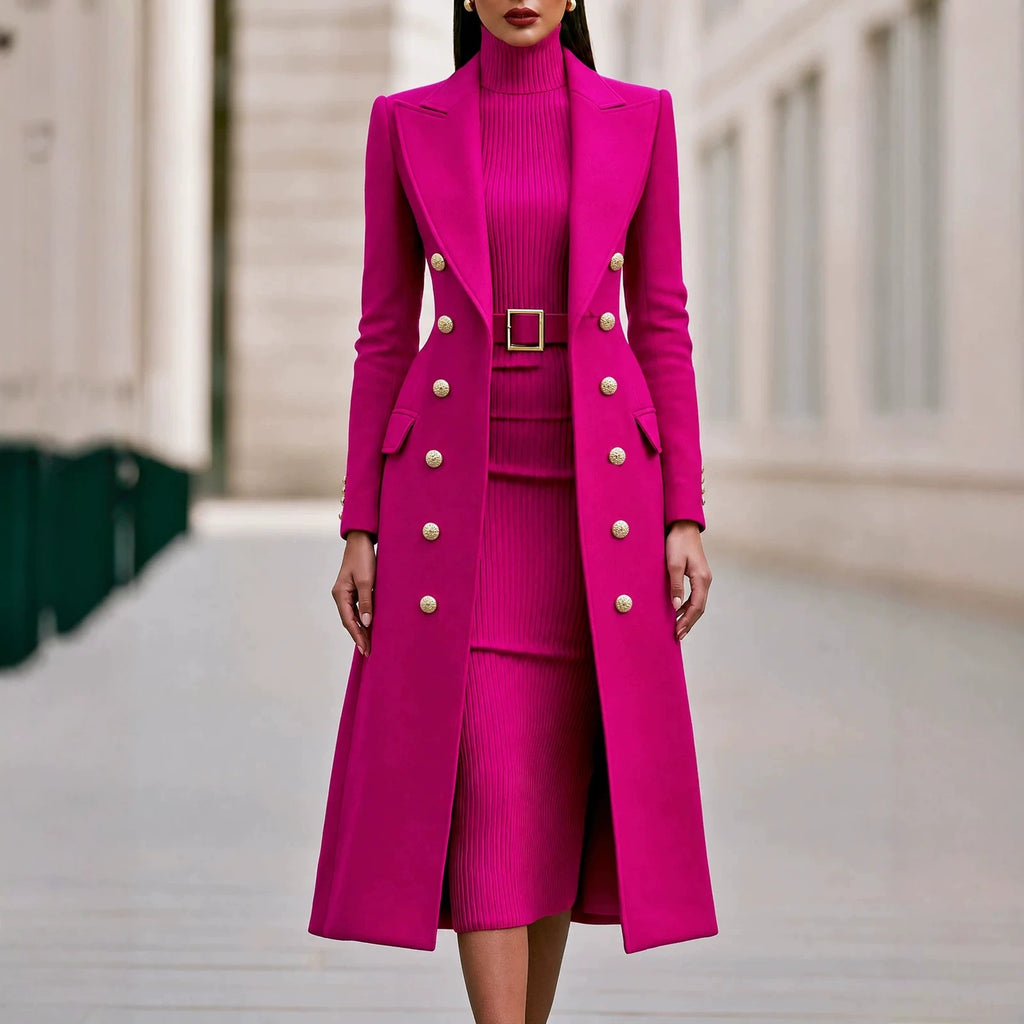 Women's Double-Breasted Woolen Coat and Knitted Dress Two-Piece Set teemdrop