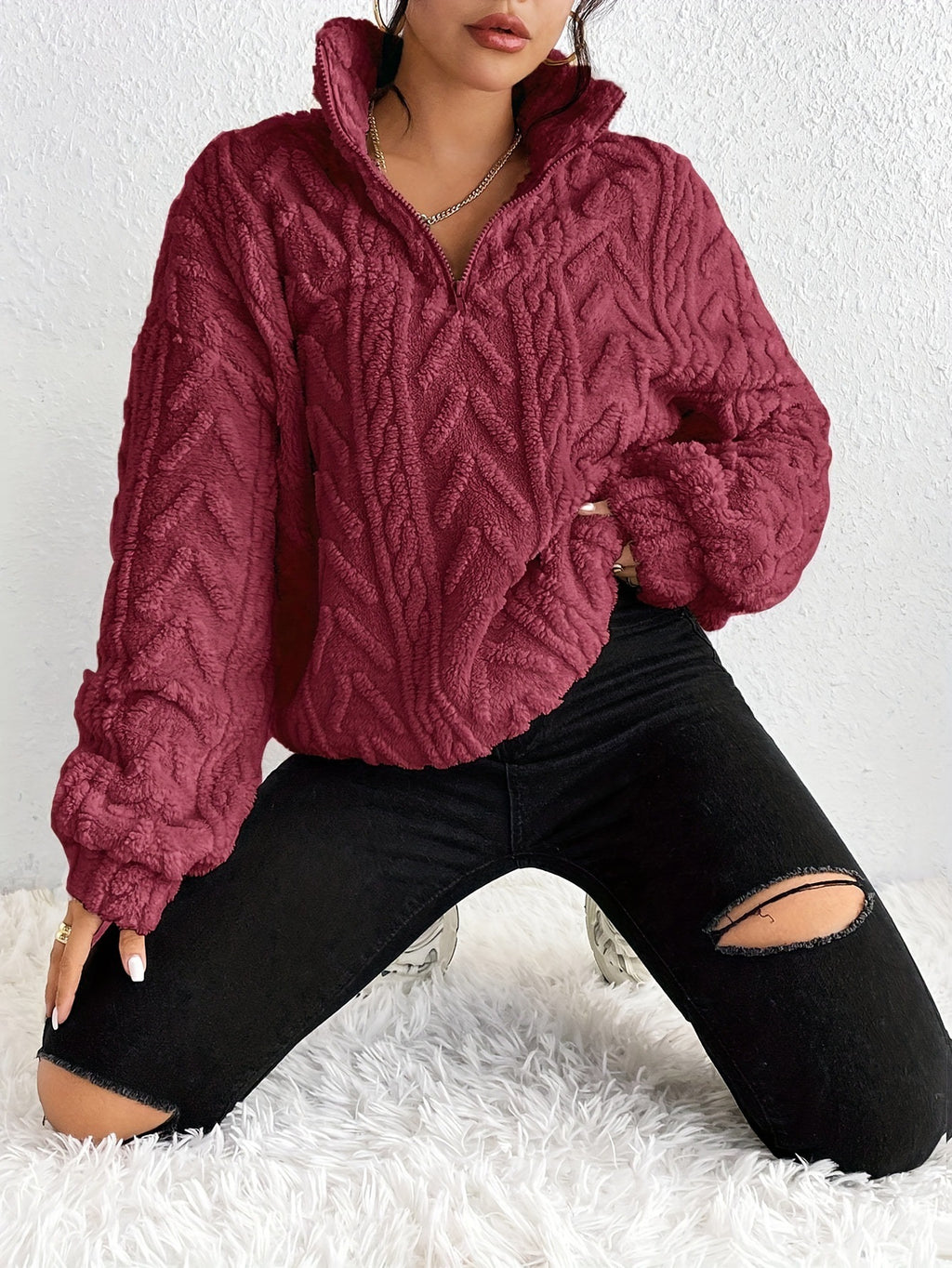 Women's Double-Sided Plush Flower Casual Zipper Pullover Top teemdrop