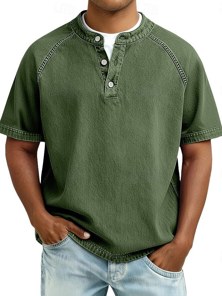 Men's Retro Casual Loose Fit Short Sleeve Button Up Polo Shirt Breathable Polyester Top teemdrop
