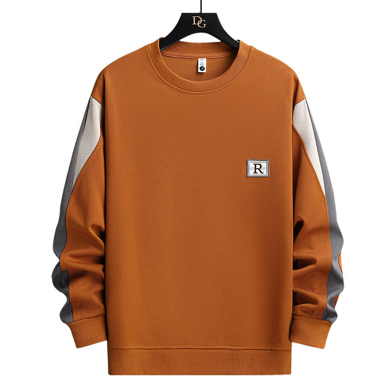Men's Casual Patchwork Letter Embroidery Round Neck Loose Pullover Sweatshirt