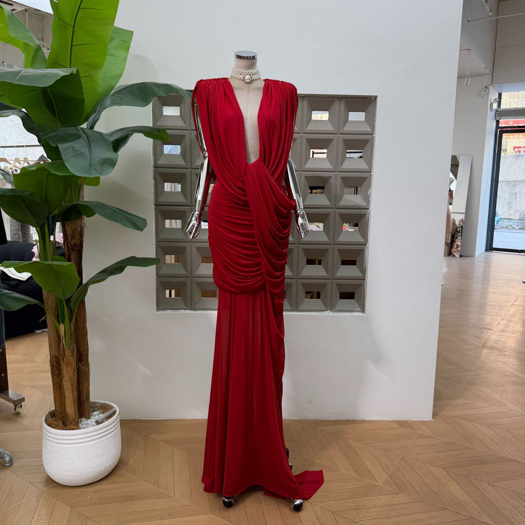 Deep V-Neck Waist-Exposing Floor-Length Gown Mesh Stitching Solid Color Dress teemdrop