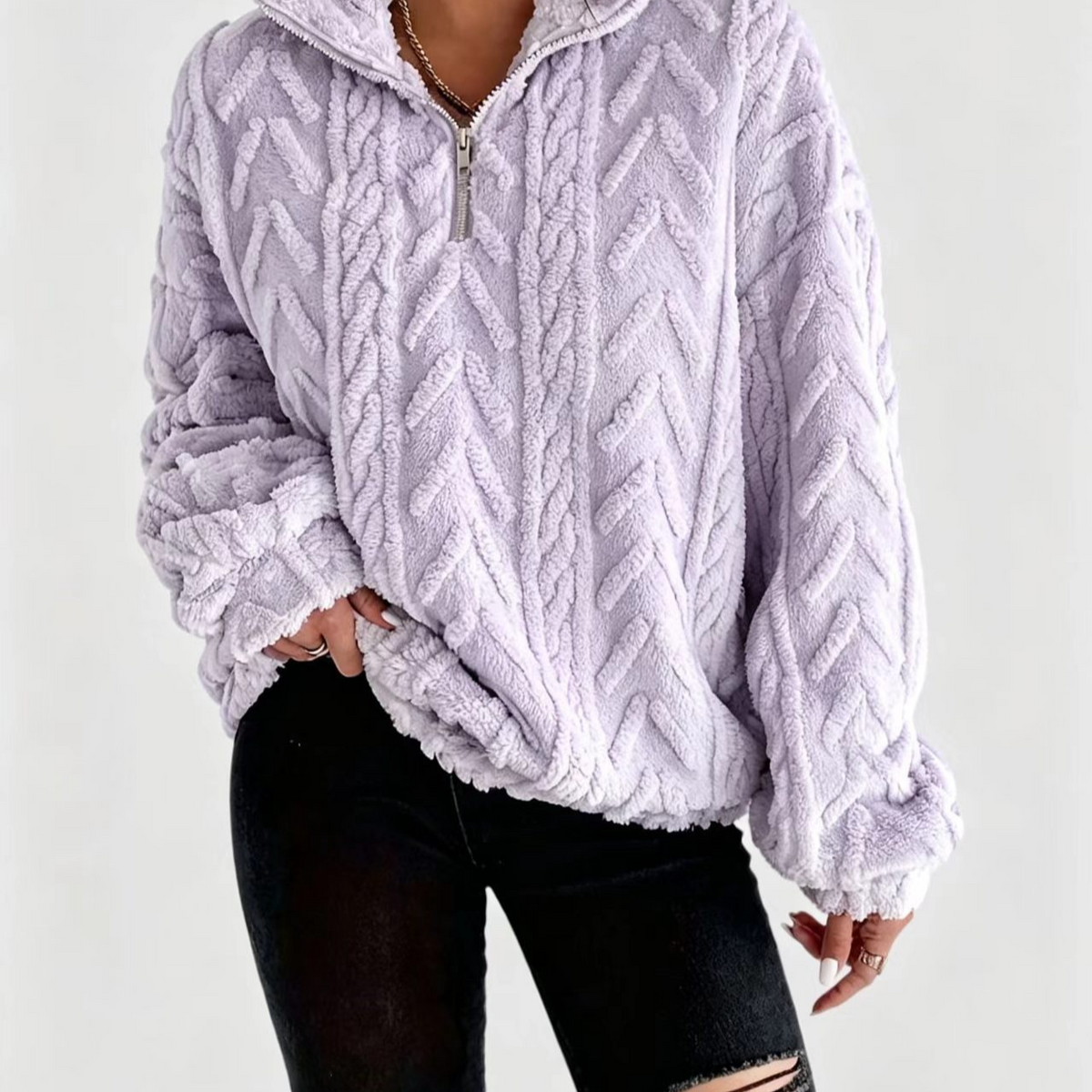 Women's Double-Sided Plush Flower Casual Zipper Pullover Top teemdrop