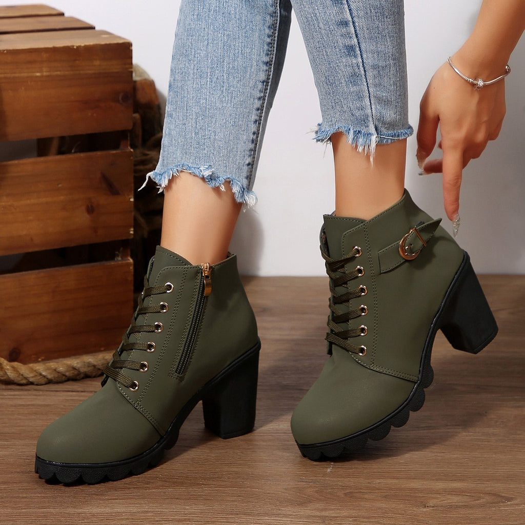 Thick Heel Ankle Boots Round-Toe Lace-Up Martin Boots