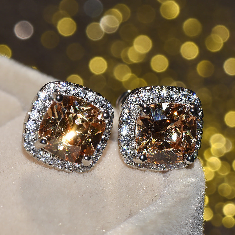 Geometric Full Diamond Zircon Earrings for Women Electroplated Copper Studs