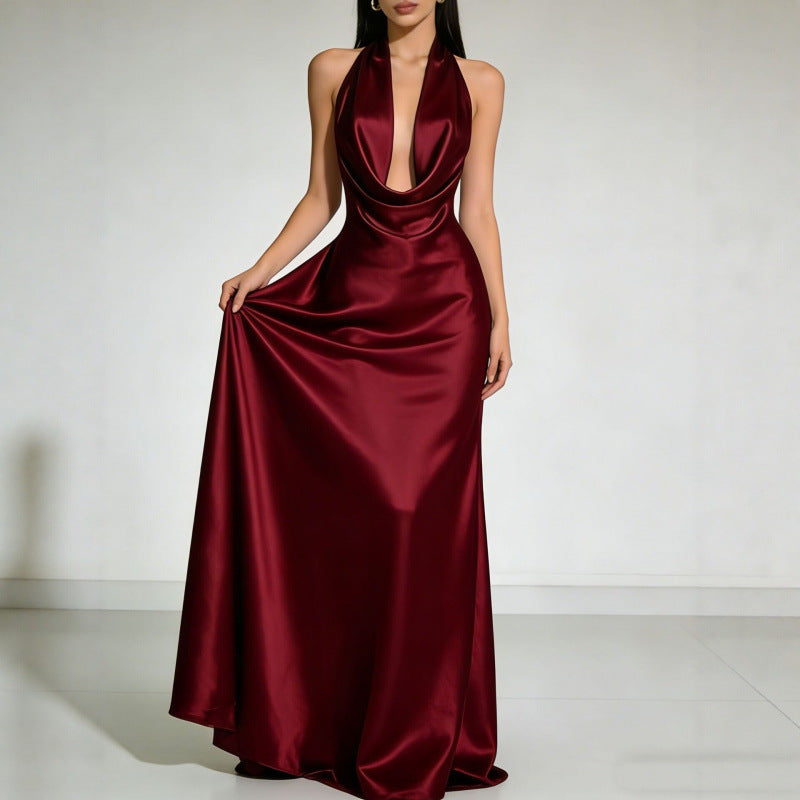 Women's Satin Halter Neck Backless Floor Length Evening Dress teemdrop