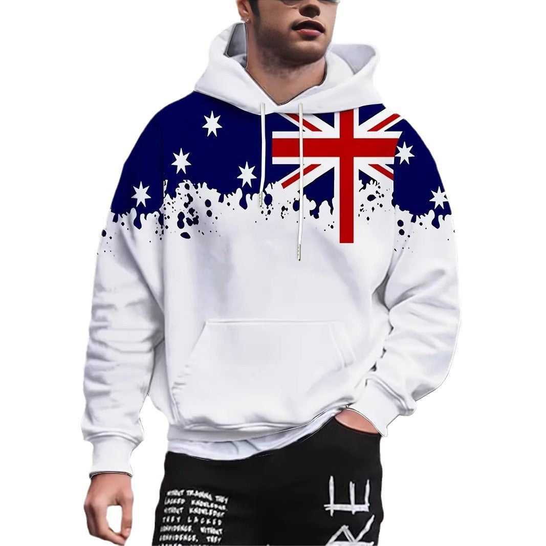 Men's 3D Australian Flag Print Drawstring Hoodie Loose Fit Long Sleeve Sweatshirt teemdrop