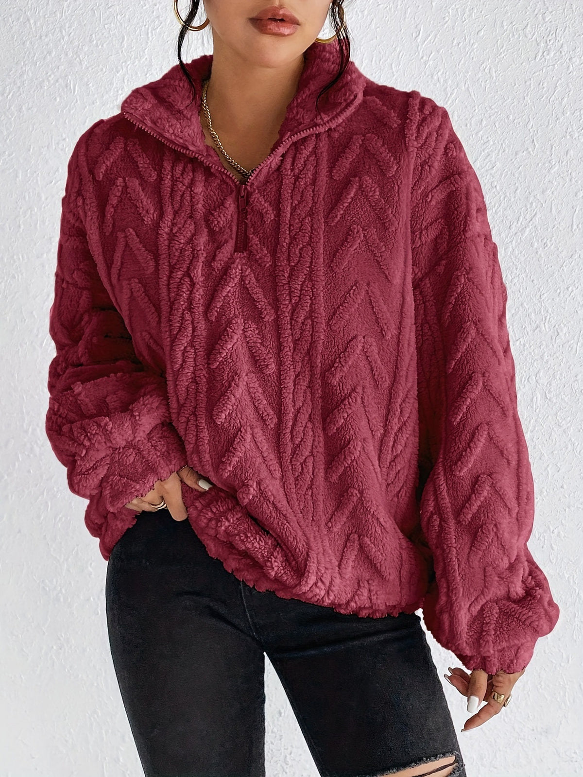 Women's Double-Sided Plush Flower Casual Zipper Pullover Top teemdrop