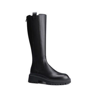 Women Genuine Cowhide Leather High-Top Chunky Heel Chelsea Riding Boots