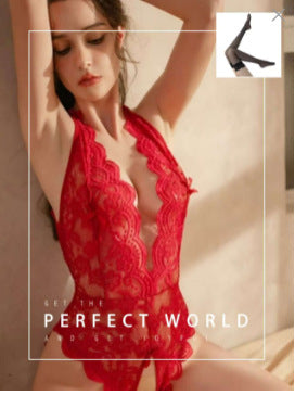 Women's Floral Lace One-Piece Open Crotch Backless Lingerie Bodysuit
