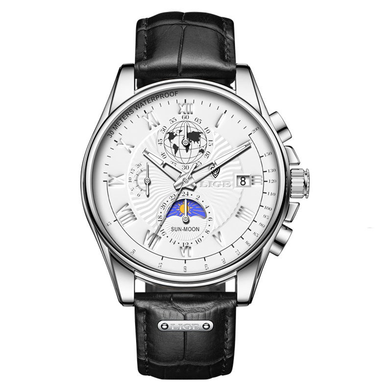 LIGE Men's Business Watch with Moon Phase Multifunction Quartz Wristwatch Leather Strap Waterproof