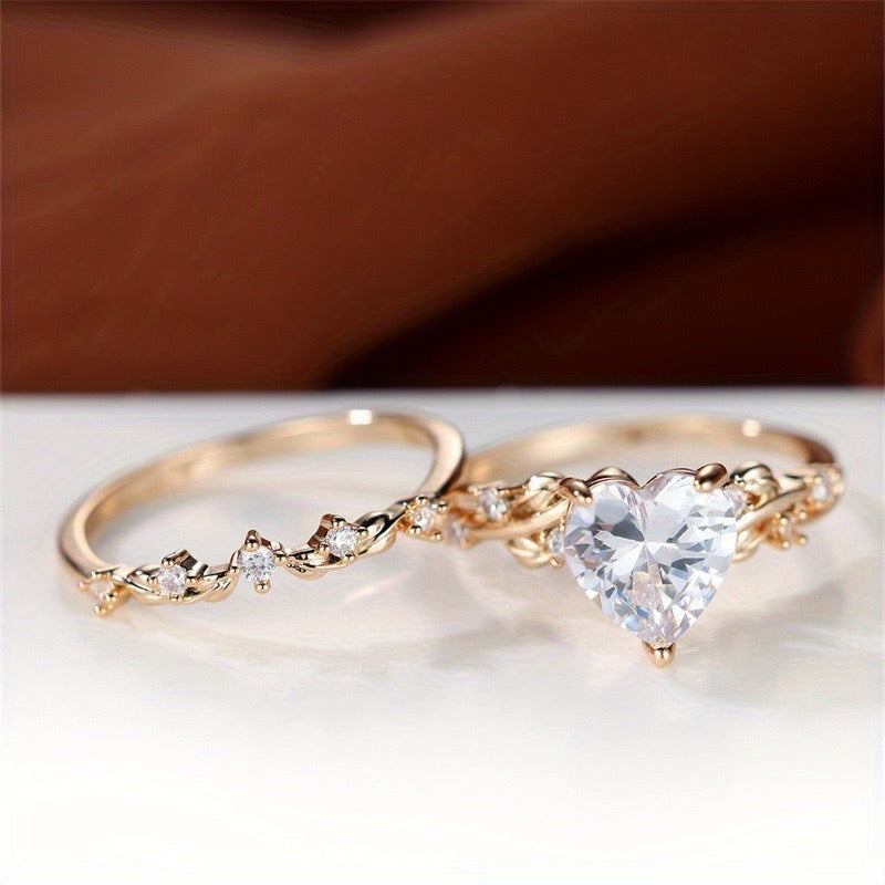 Heart-Shaped Zircon Inlaid Couple Ring