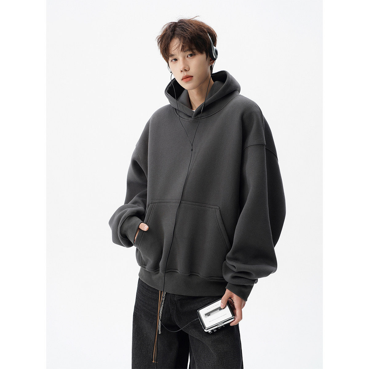 Men Heavyweight 400g Pure Cotton Double Layer Hooded Sweatshirt Loose Fit Solid Color teemdrop