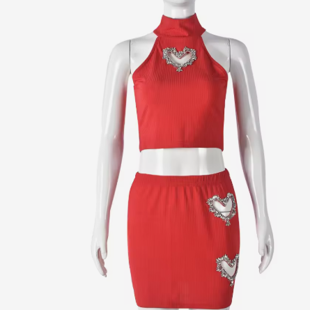Women's Rhinestone Hollow-Out Ribbed Crop Top and Mini Skirt Two-Piece Set teemdrop