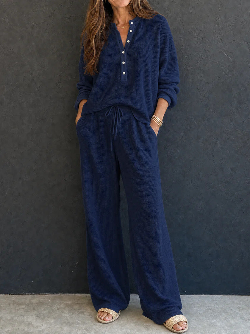 Women's Solid Color Knit Rib Top Straight Pants Set teemdrop