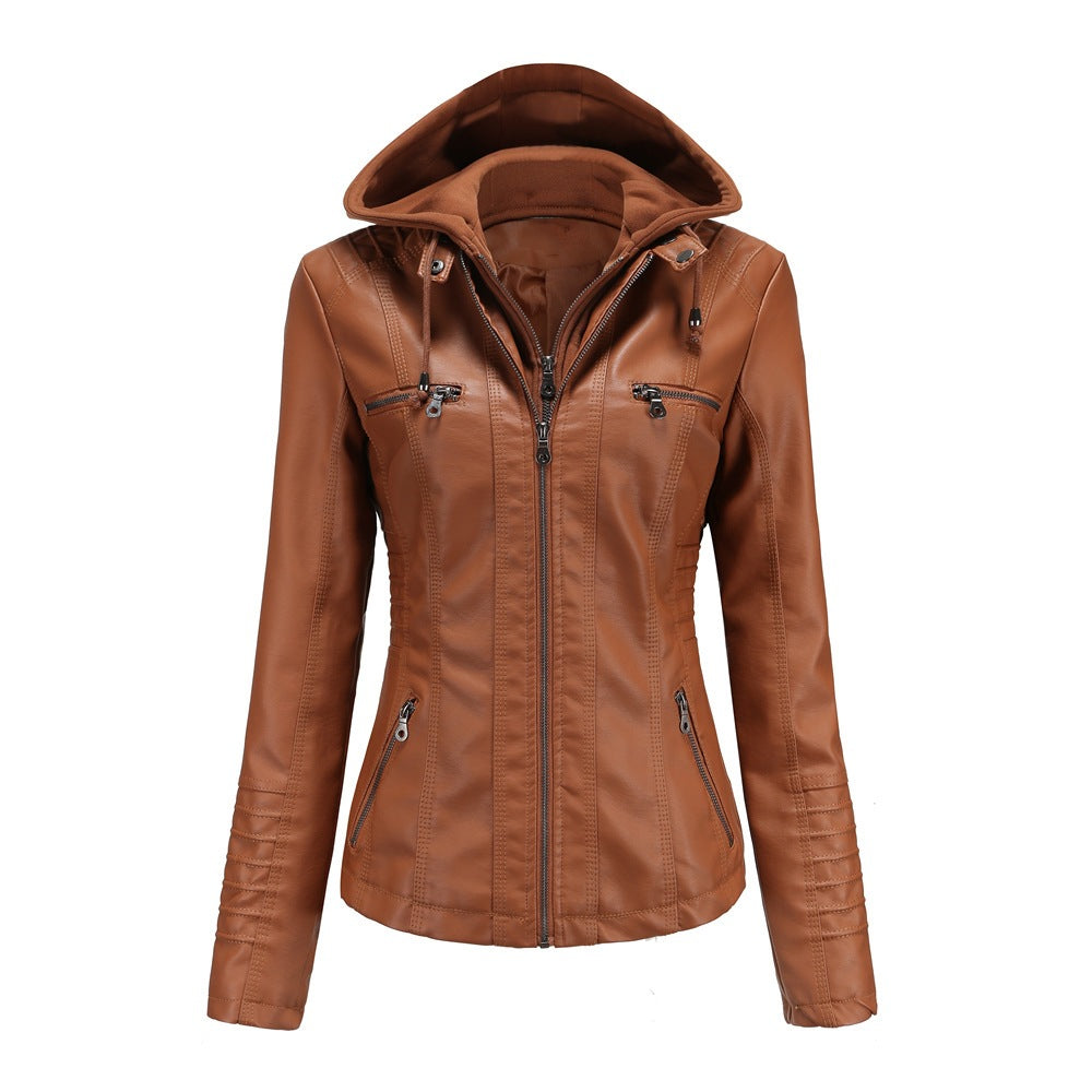 Womens Hooded PU Leather Jacket Two-Piece Set