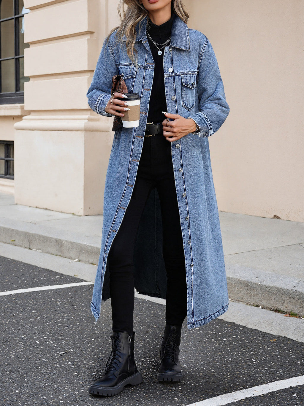 Women Elegant Slim-Fit Long Denim Jacket teemdrop