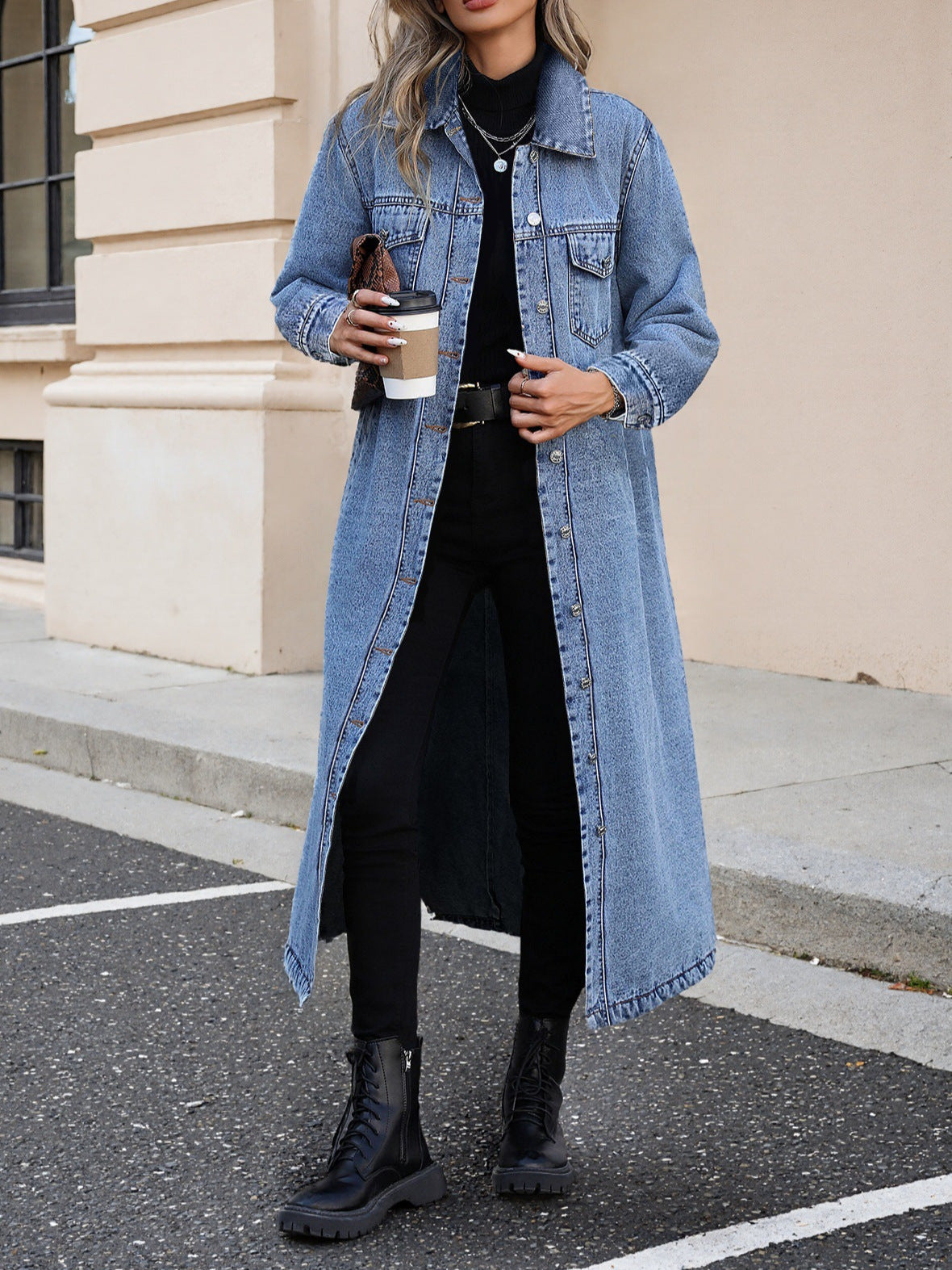 Women Elegant Slim-Fit Long Denim Jacket teemdrop