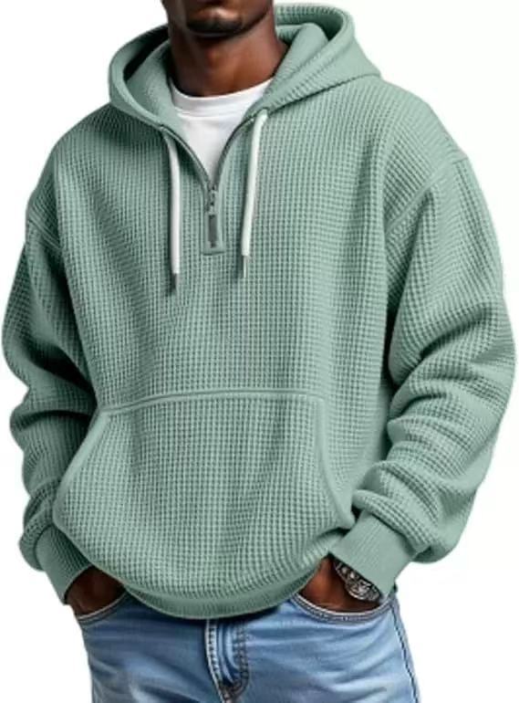 Men?s Heavyweight Waffle Knit Zip-Up Hooded Long Sleeve Loose Fit Casual Sweatshirt teemdrop