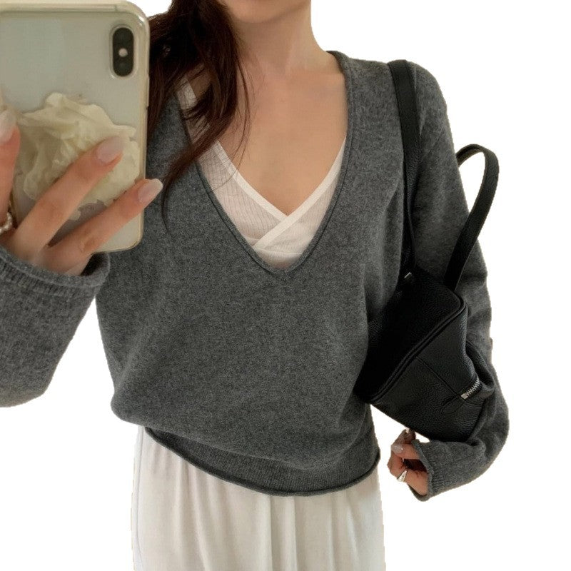 Women V-Neck Long Sleeve Solid Casual Knit Sweater teemdrop